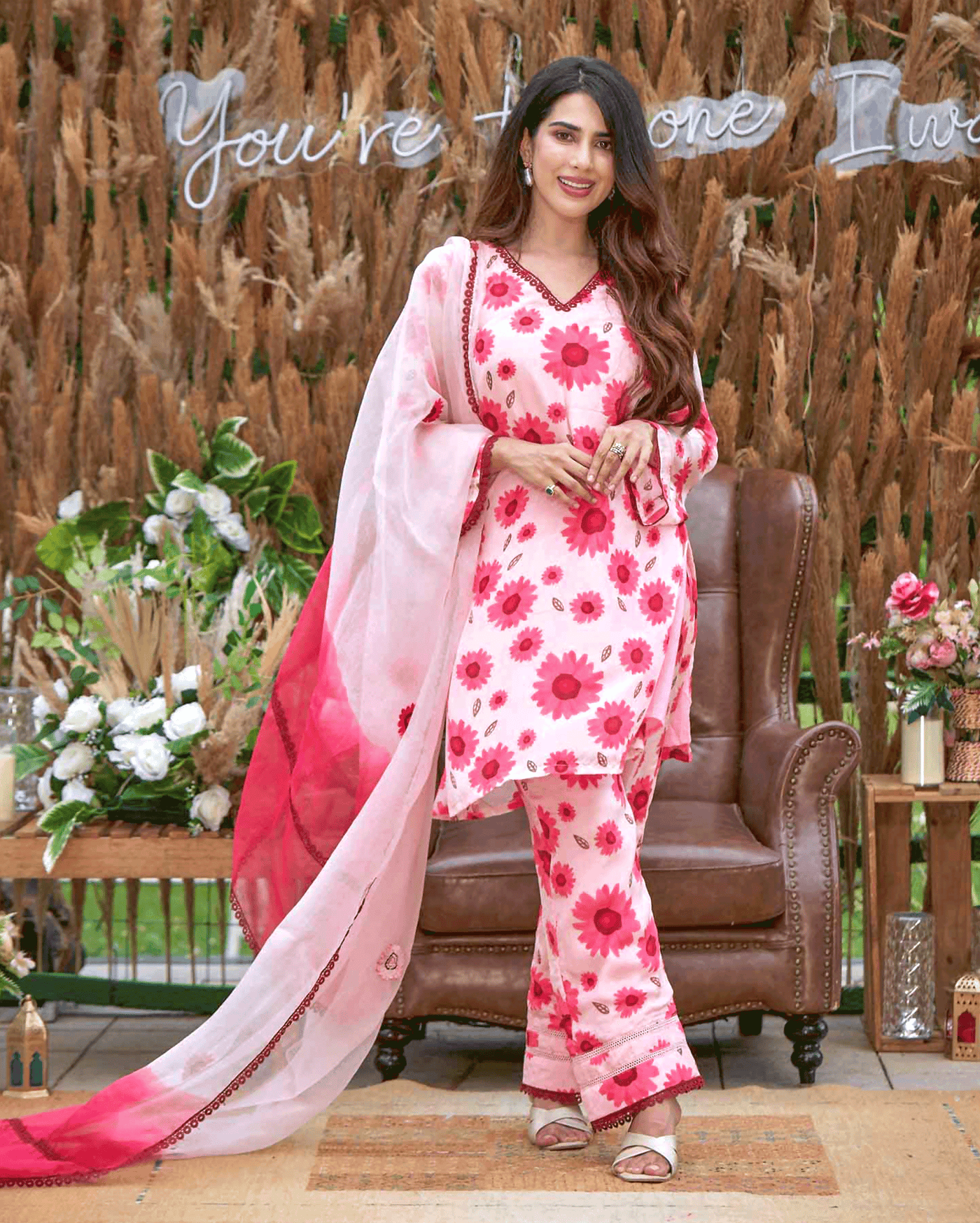 Nysa Pink Printed Silk Suit Set