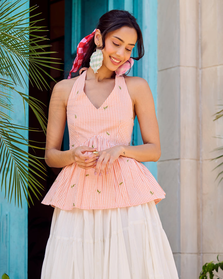 Eva Orange Embroidered Cotton Checks Top
