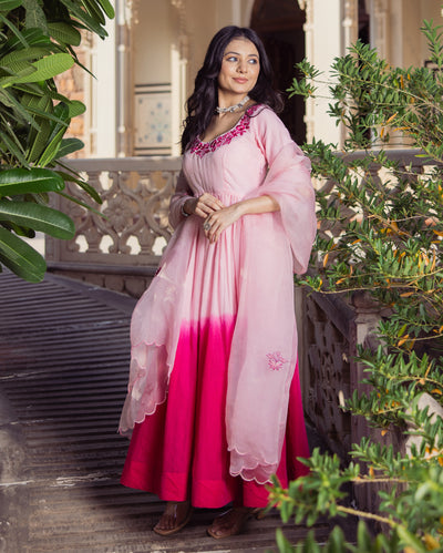 Sweetheart Pink Ombre Embroidered Chanderi Suit Set