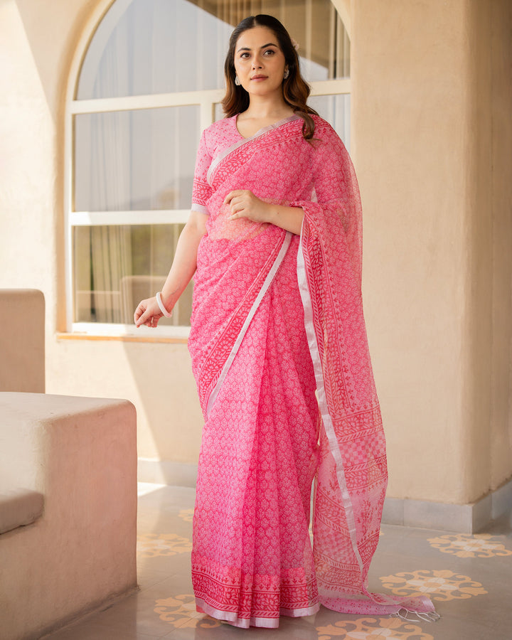 Charnika Pink Doria Printed Saree
