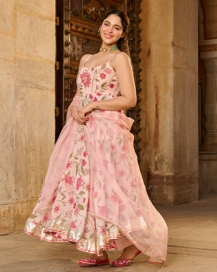 Belle Baby Pink Printed Viscose Organza Suit Set