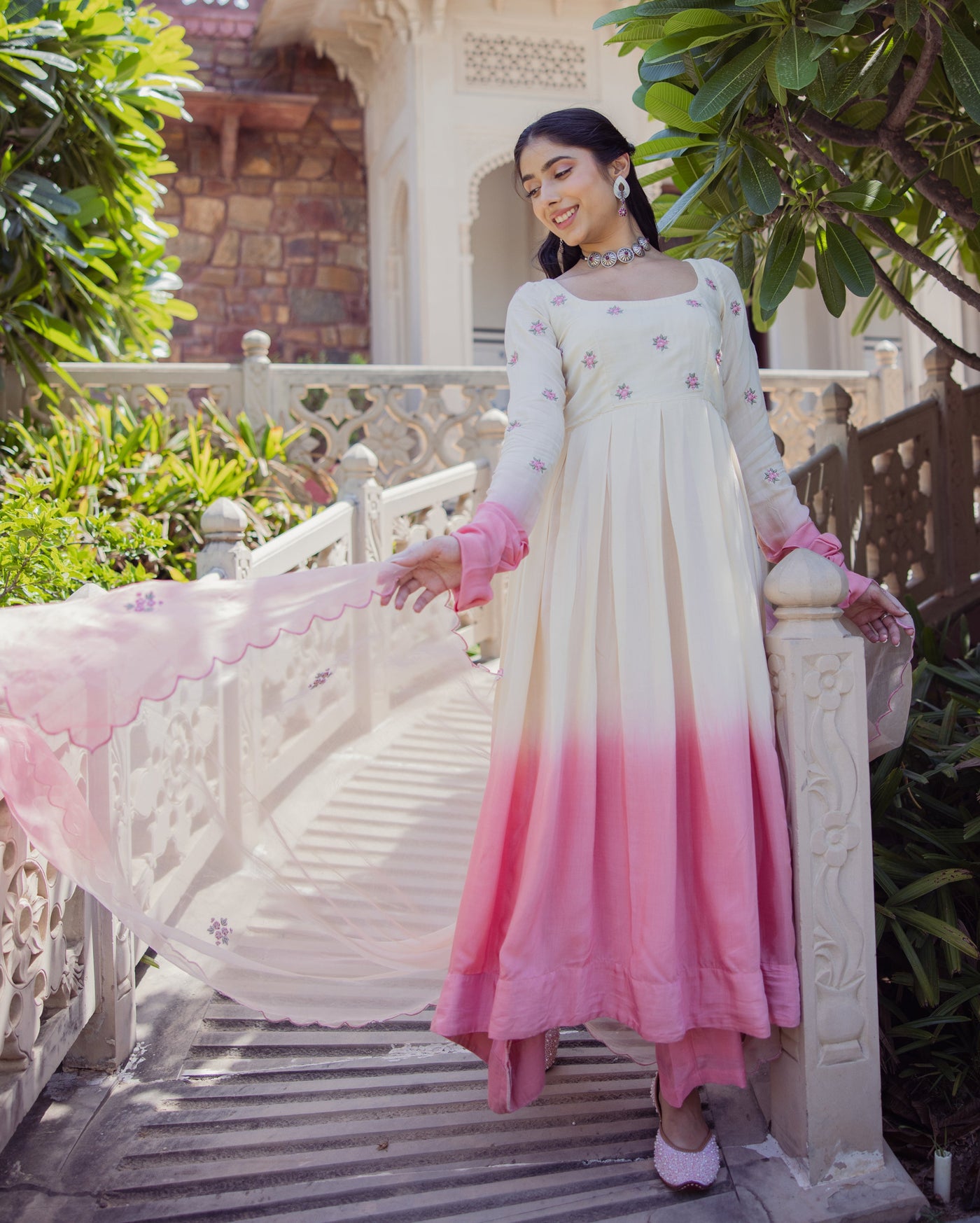 Giggly Rose Pink Ombre Embroidered Muslin Suit Set