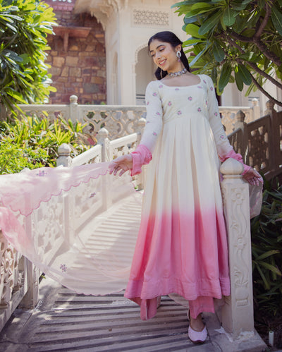 Giggly Rose Pink Ombre Embroidered Muslin Suit Set