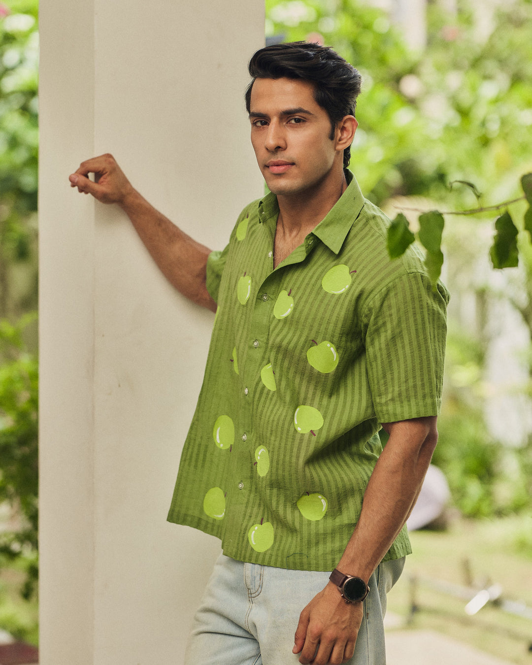 Vihaan Green Cotton Dobby Handpainted Shirt