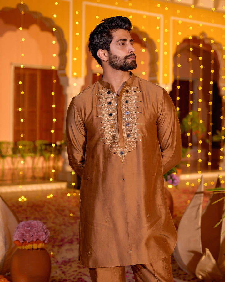 Divakar Brown Chanderi Embroidered Kurta