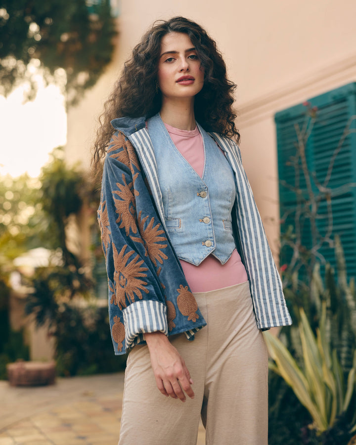Indigara Denim Blue Velvet Suzani Jacket