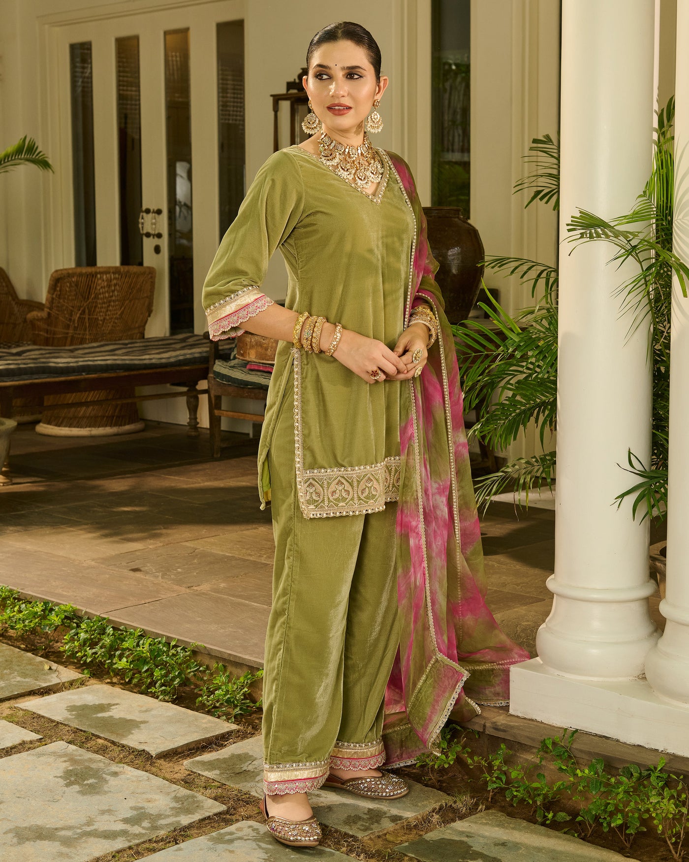 Aja Sage Green Embroidered Velvet Suit Set