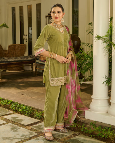 Aja Sage Green Embroidered Velvet Suit Set