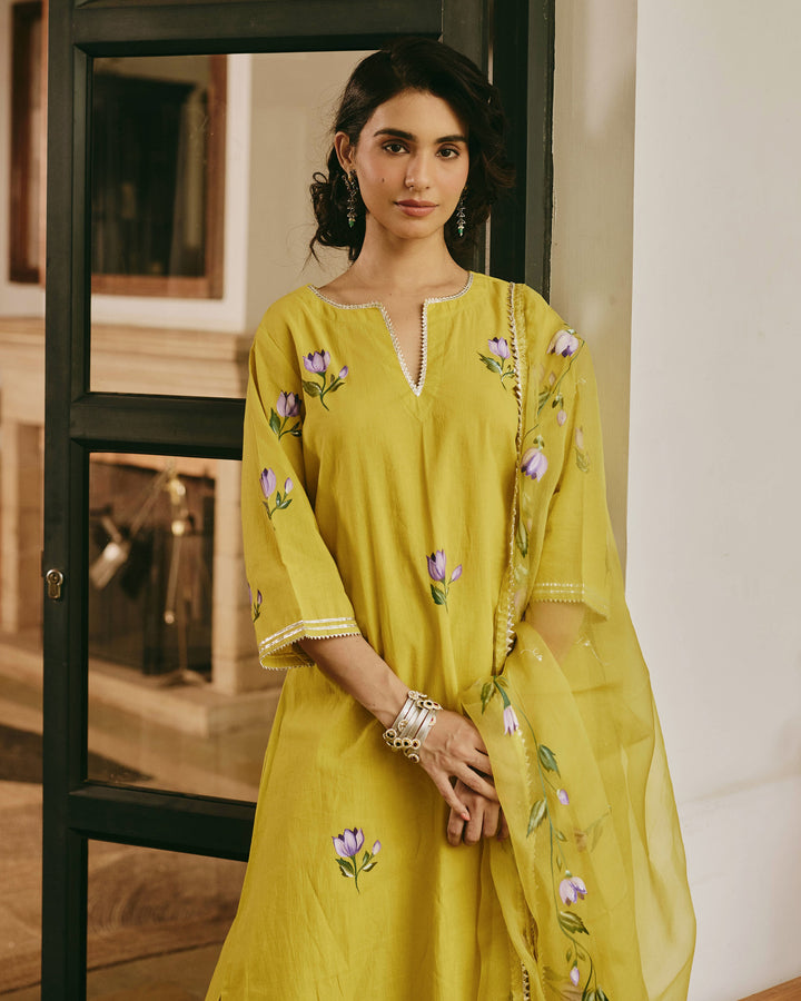 Adaa Green Handpainted Cotton Suit Set