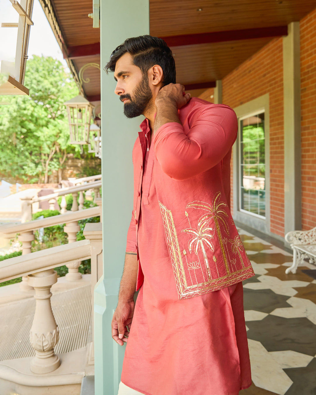Aavesh Peach Embroidered Chanderi Jacket And Kurta Set