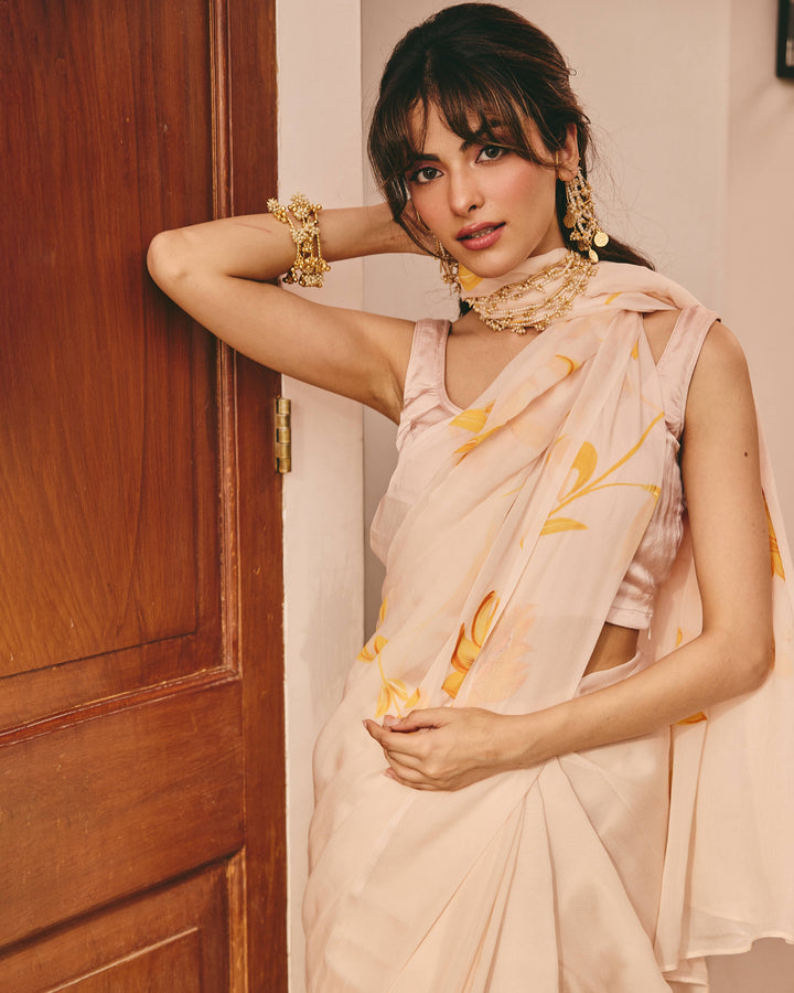 Raagi Cream Handpainted Chiffon Saree