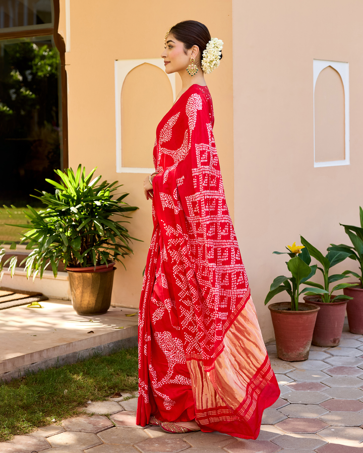 Kumkum Red Gajji Silk Bandhej Saree