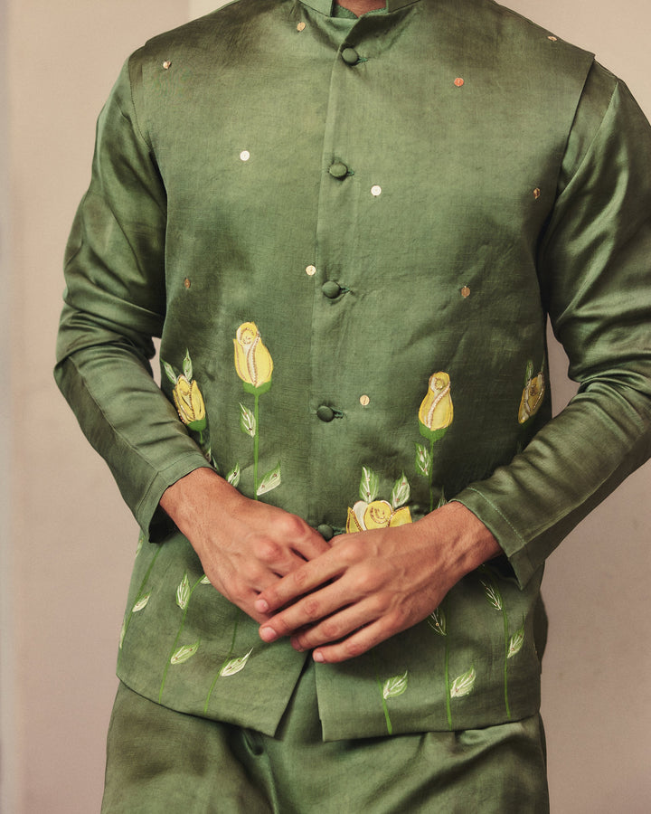 Aadvik Olive Handpainted Silk Jacket And Kurta Set