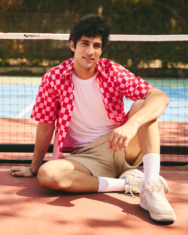 Taj Red Cotton Checks Printed Shirt