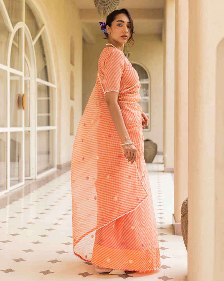 Raya Peach Doria Embroidered Saree