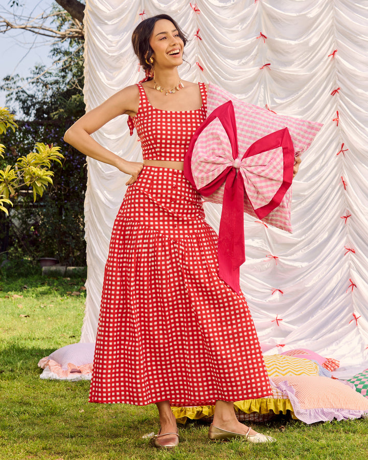 Unnati Red Cotton Checks Printed Coord Set