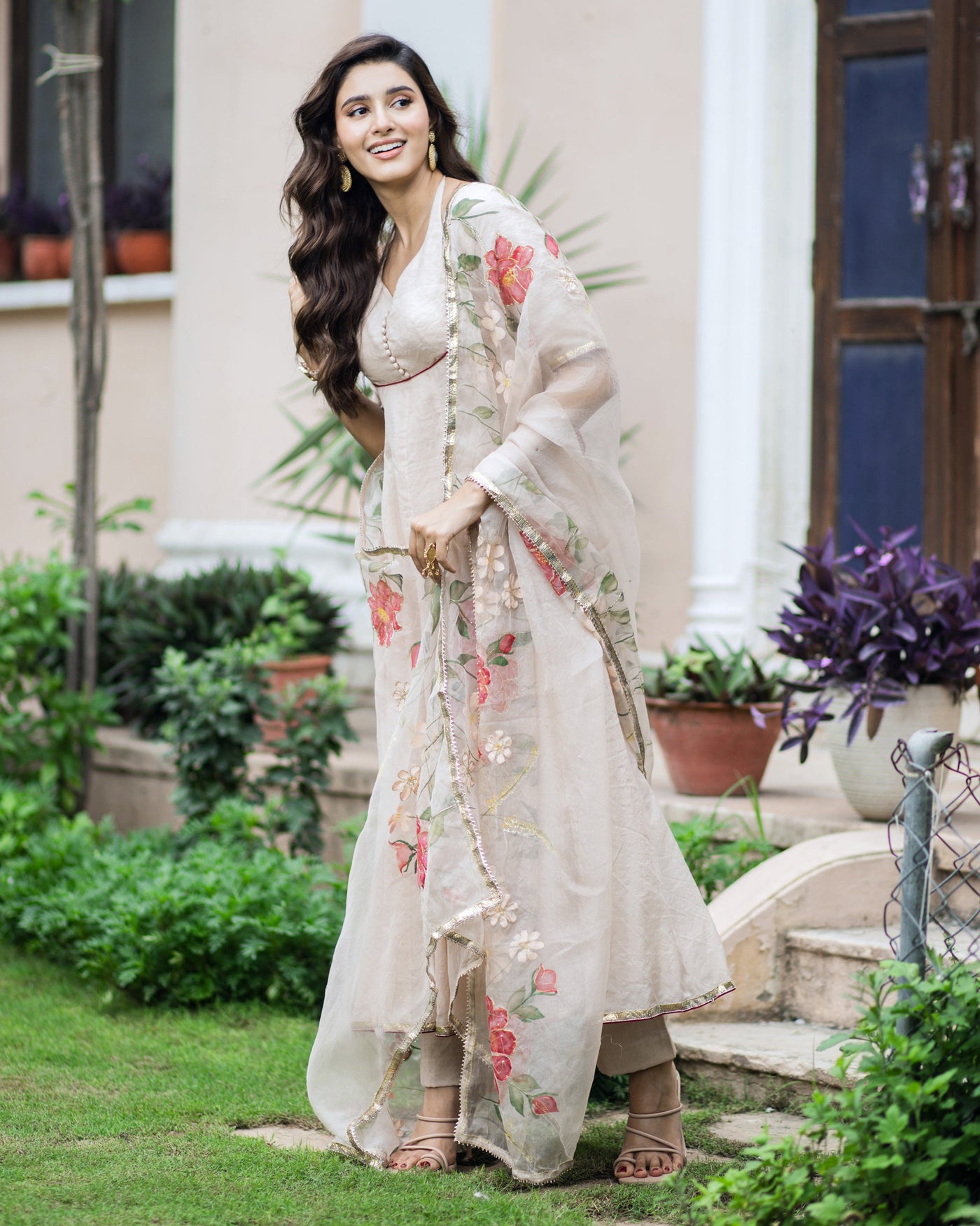 Kamini Beige Handpainted Chanderi Suit Set