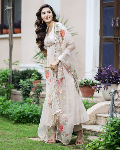 Kamini Beige Handpainted Chanderi Suit Set