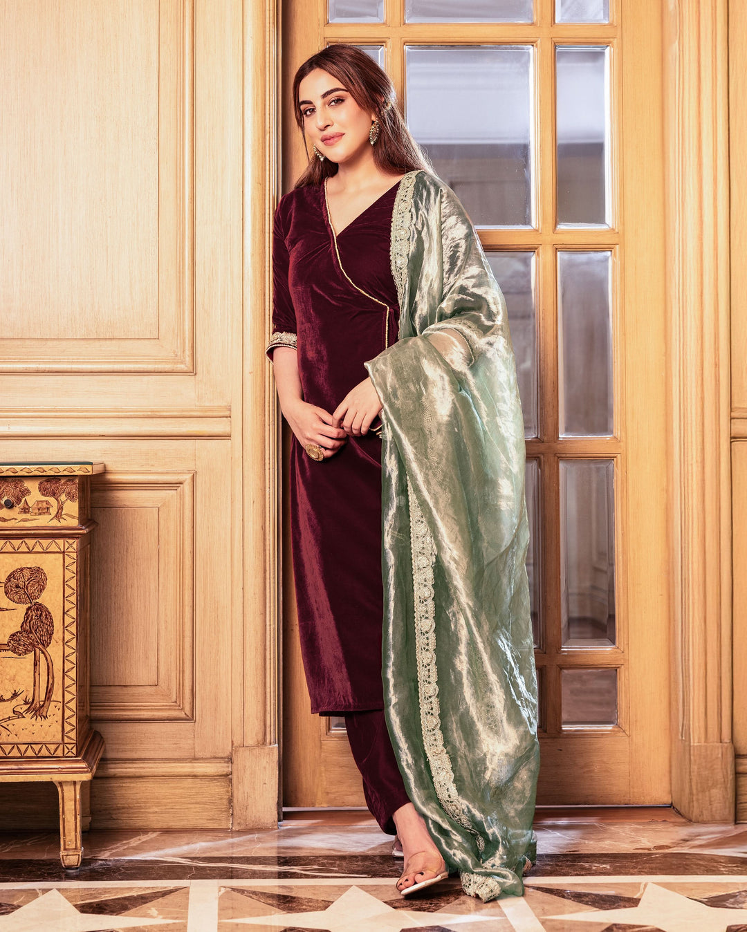 Behana Maroon Solid Velvet Suit Set