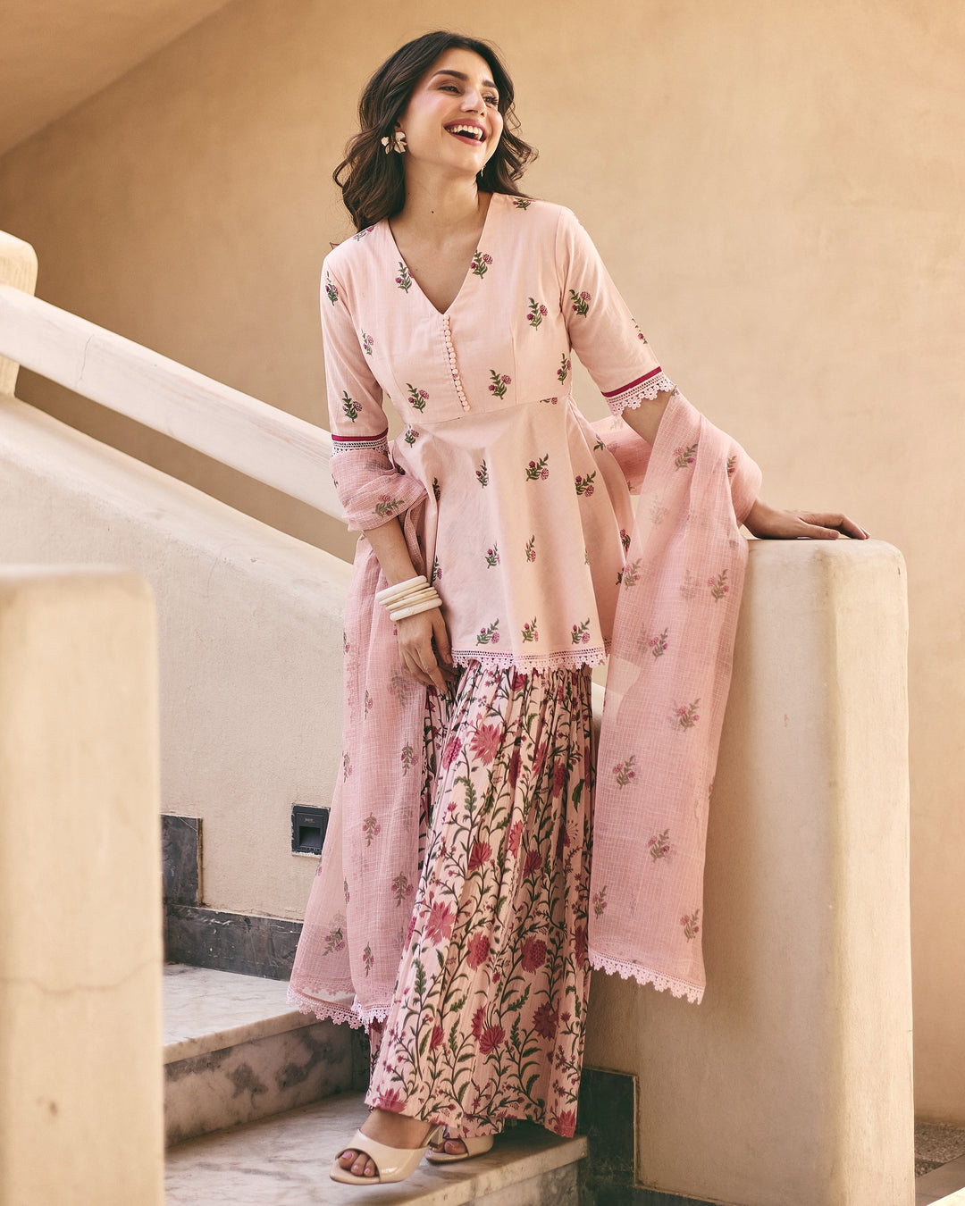 Mitya Powder Pink Cotton Printed Sharara Set