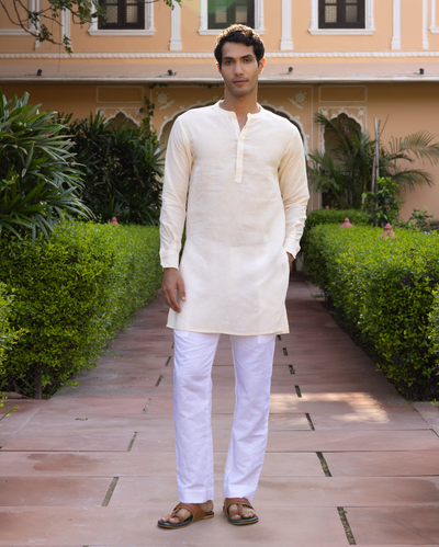Rajendra Off white Solid Linen Kurta