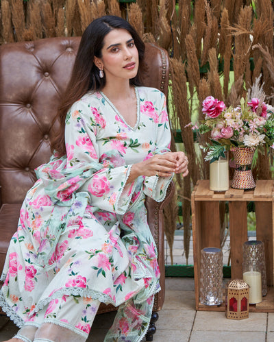 Zinnia Green Printed Cotton Suit Set