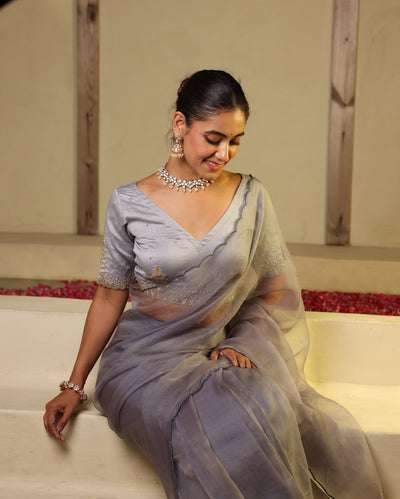 Chhavi Grey Chanderi Embroidered Blouse