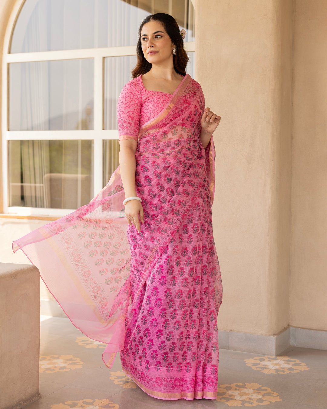 Rose Pink Doria Printed Saree