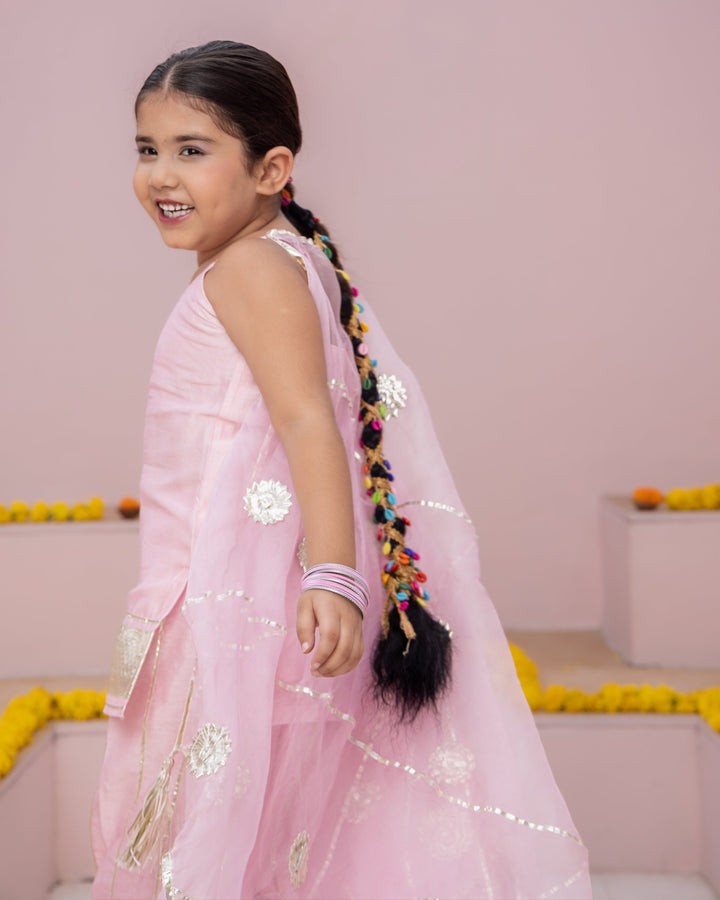 Mini Pink Solid Chanderi Suit Set