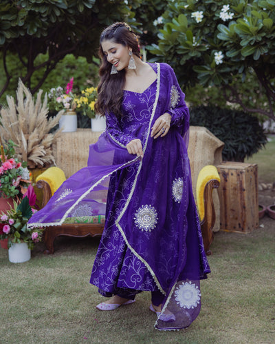 Anuraag Purple Bandhani Muslin Suit Set