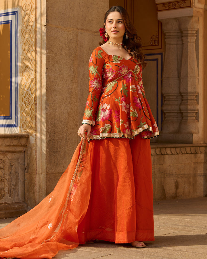 Mehar Orange Printed Chanderi Suit Set