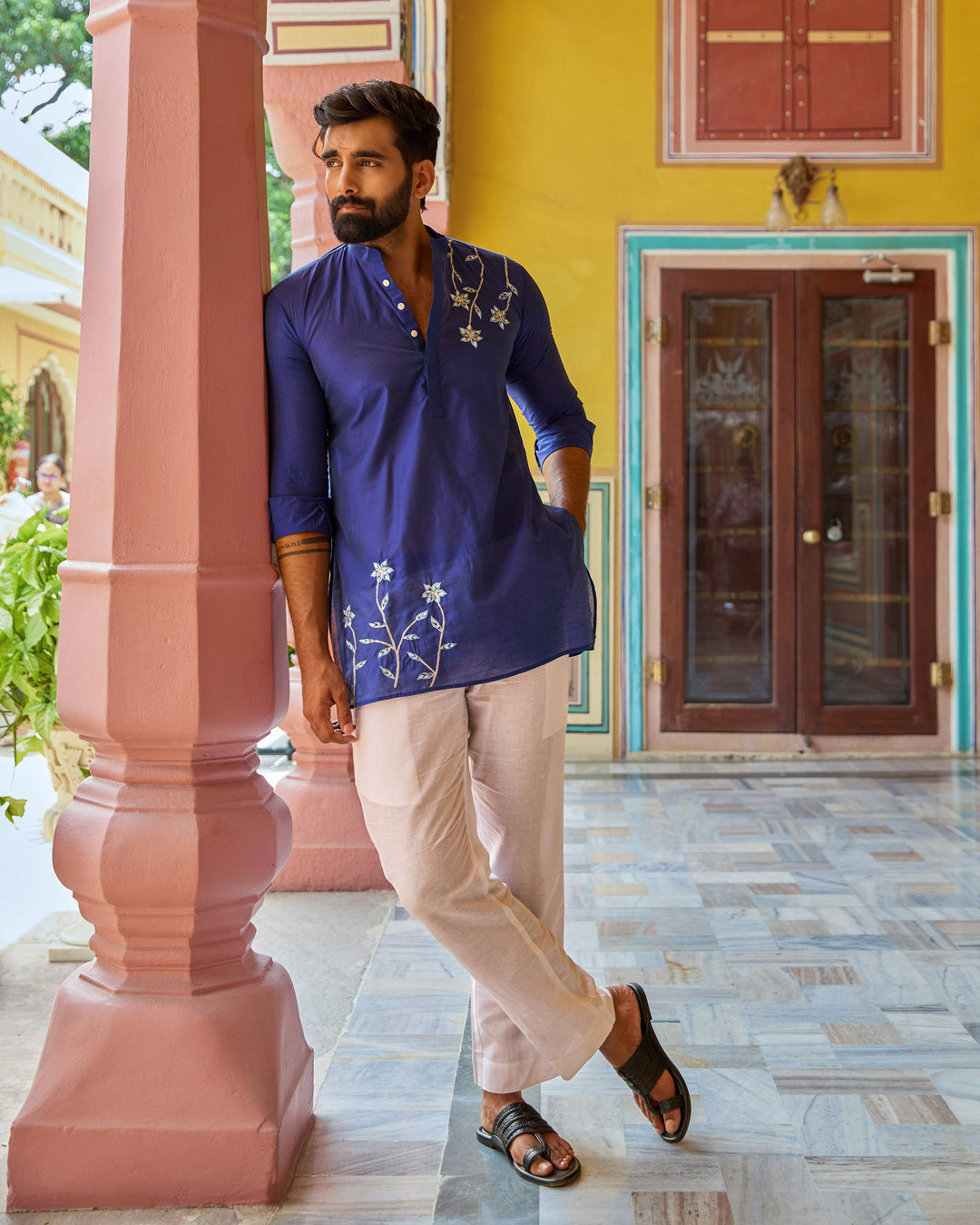 Krish Blue Embroidered Chanderi Kurta
