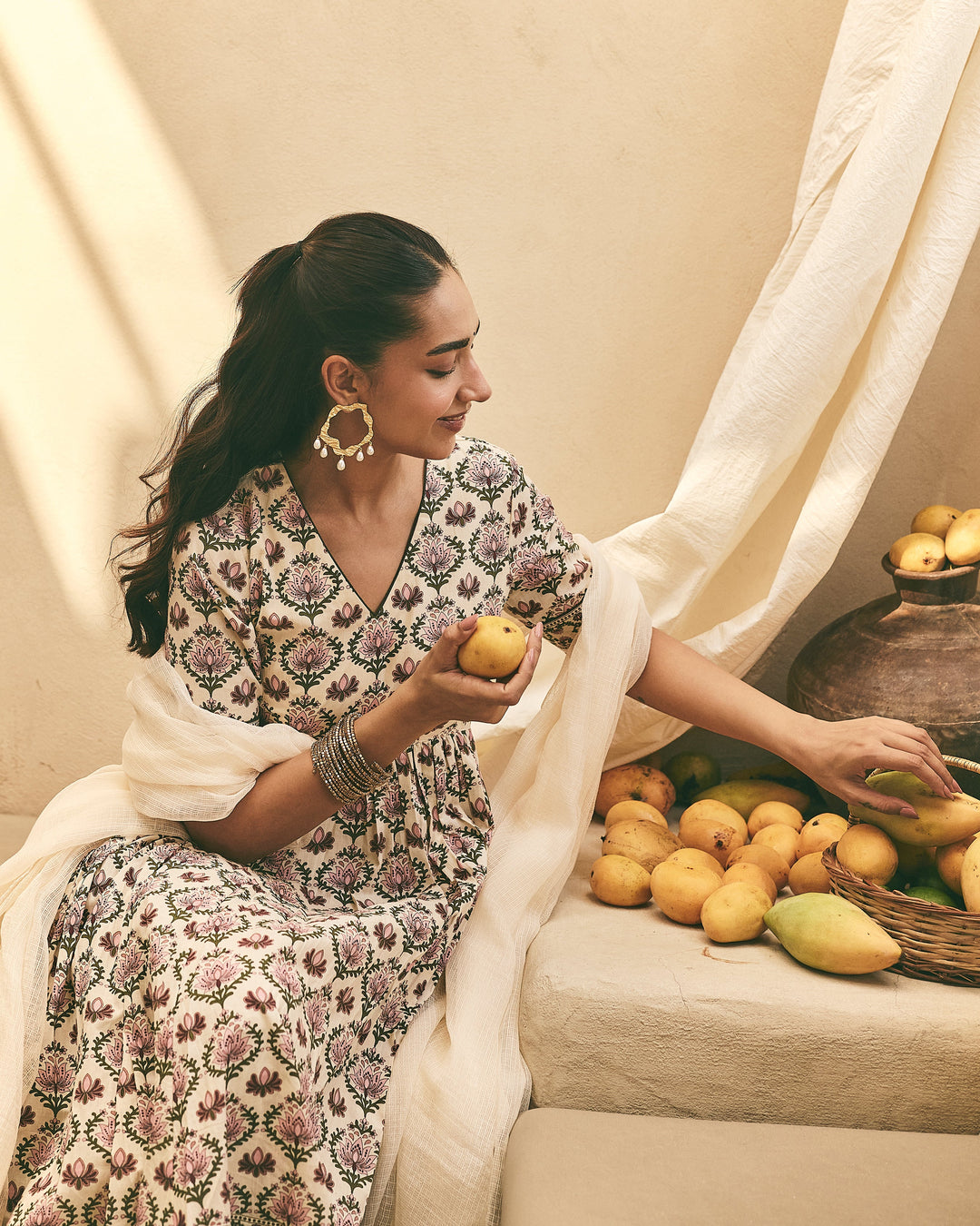 Zahana Beige Cotton Printed Suit Set