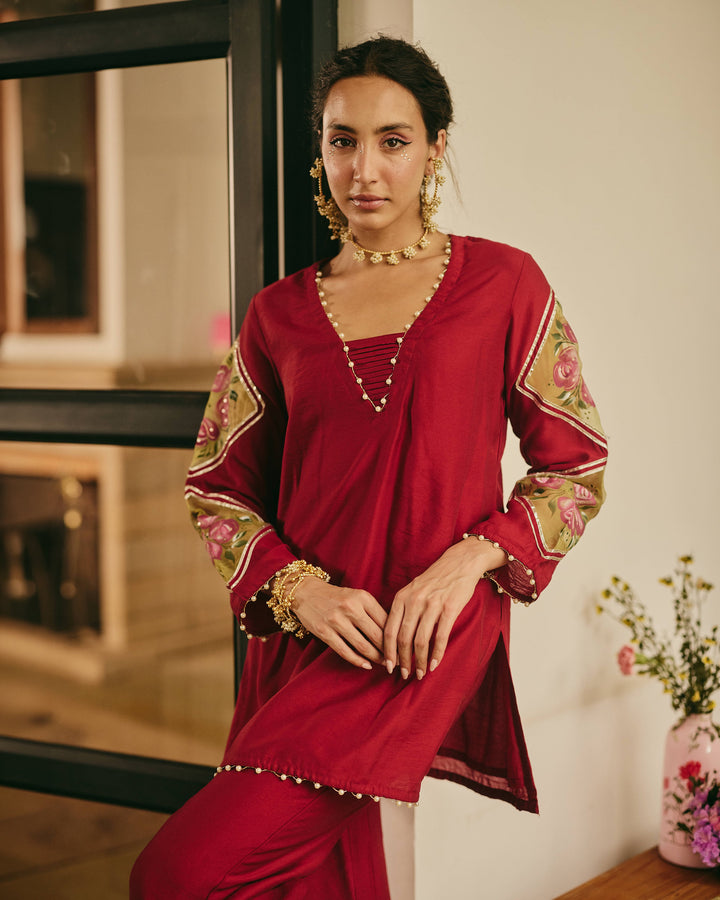 Chitrali Maroon Handpainted Chanderi Coord Set