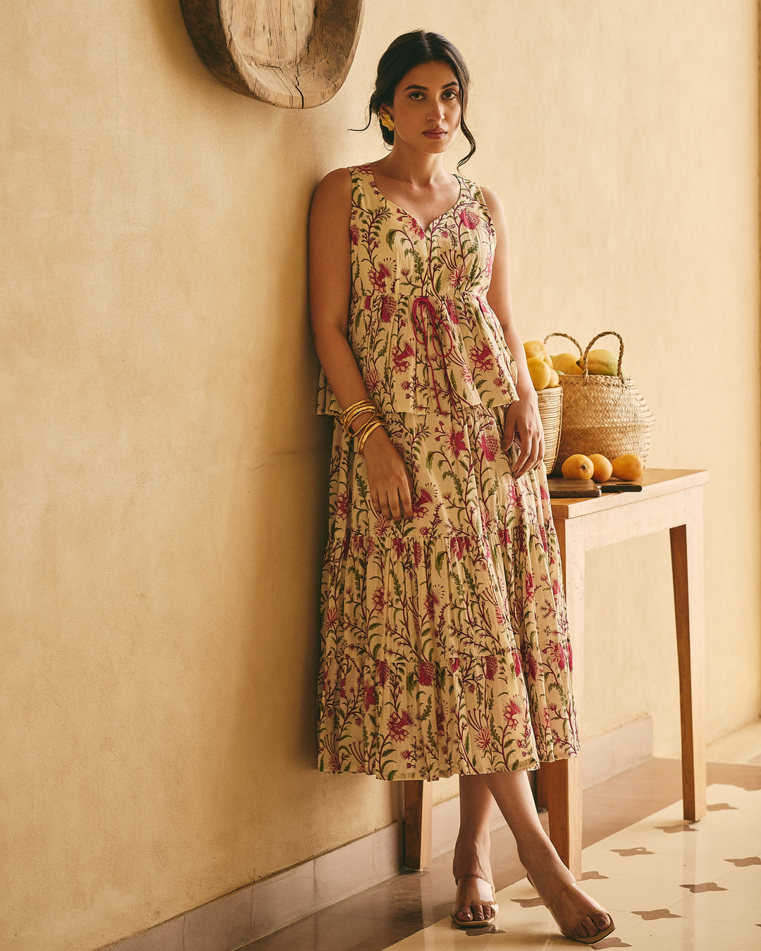 Ramya Beige Cotton Printed Dress