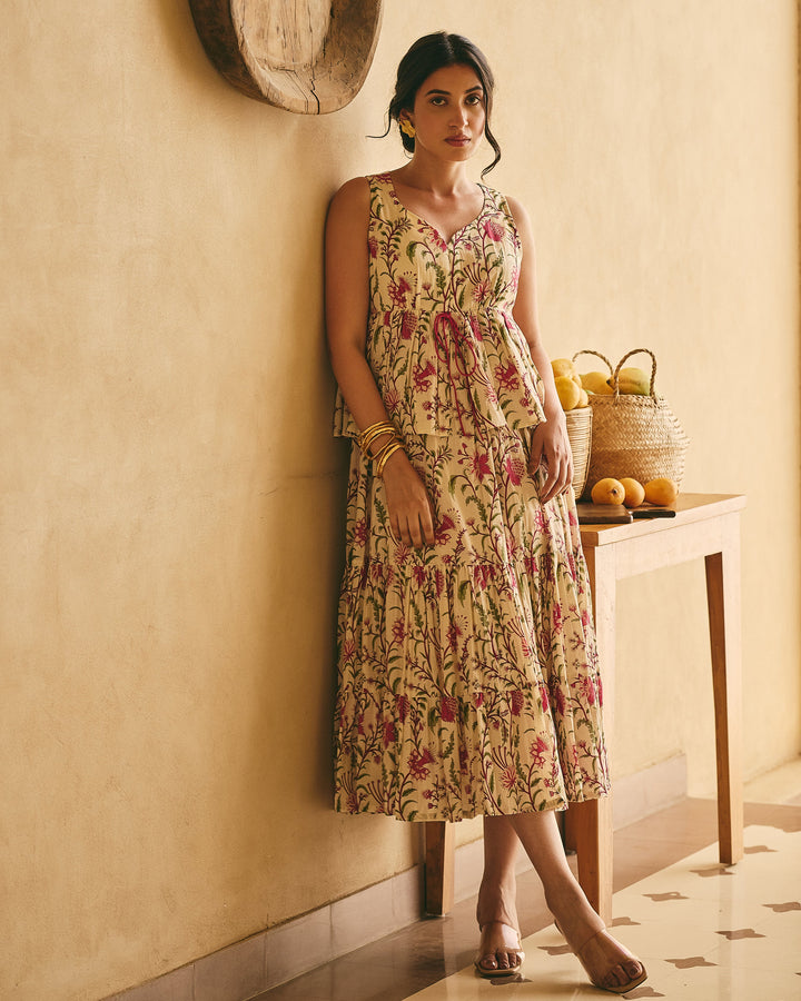 Ramya Beige Cotton Printed Dress