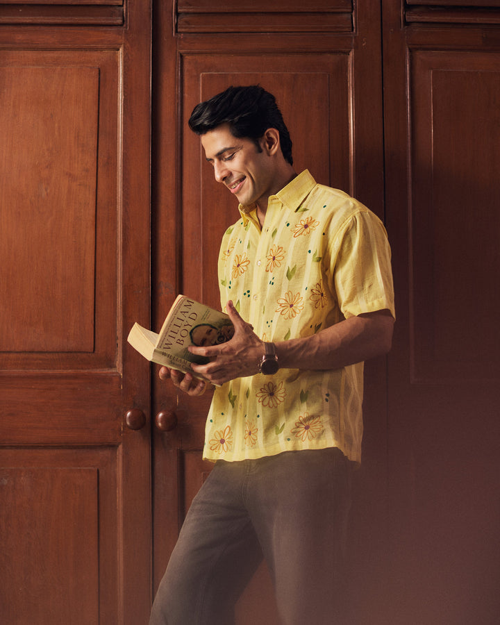 Prashant Yellow Cotton Dobby Handpainted Shirt