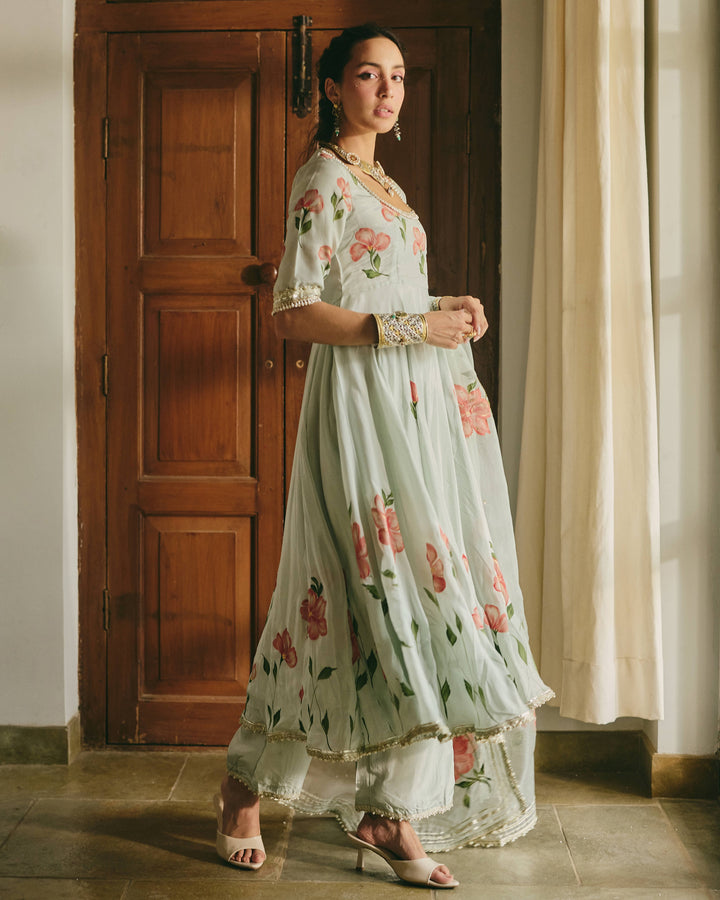Varaz Blue Handpainted Viscose Organza Suit Set