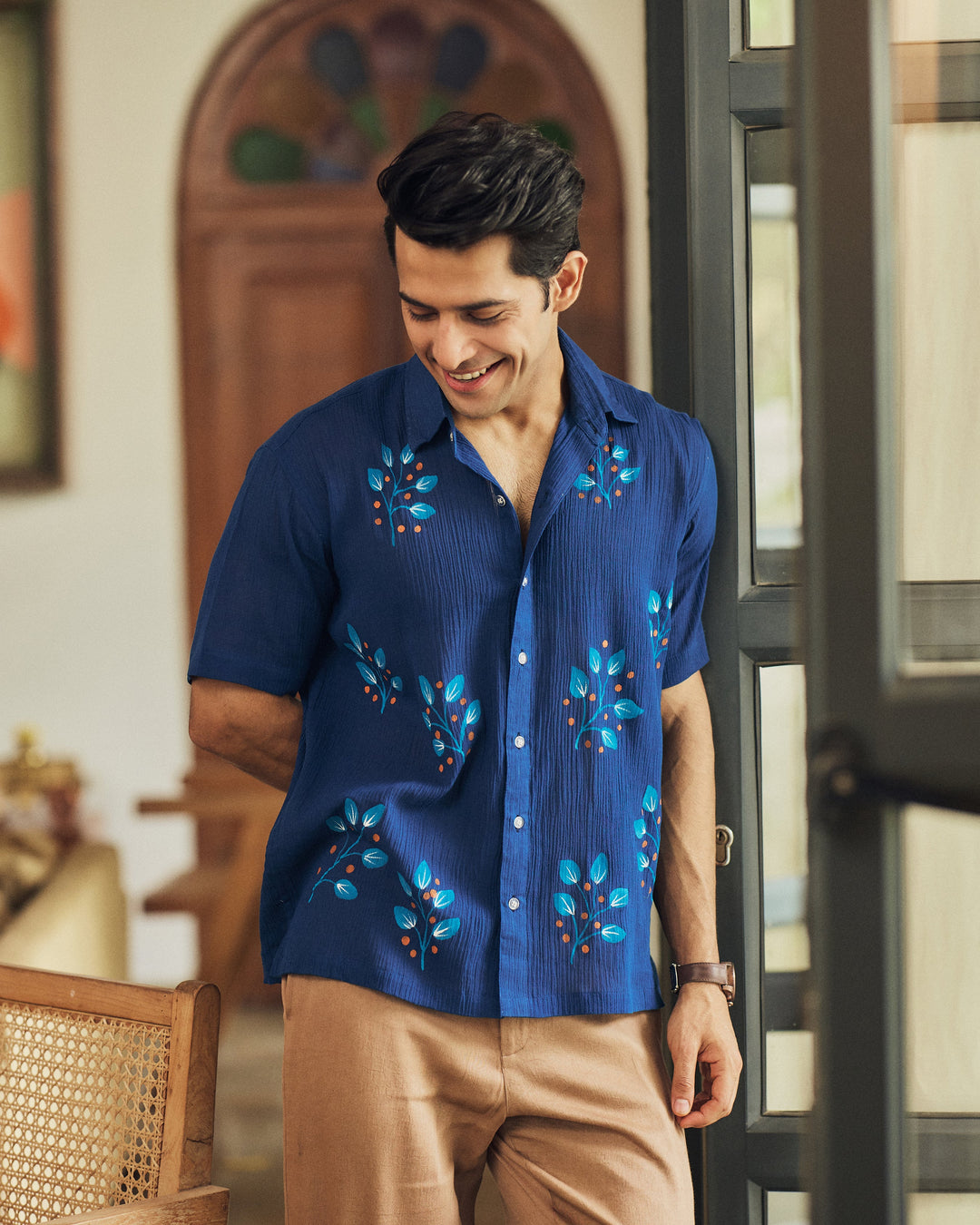 Ivaan Blue Cotton Crush Handpainted Shirt