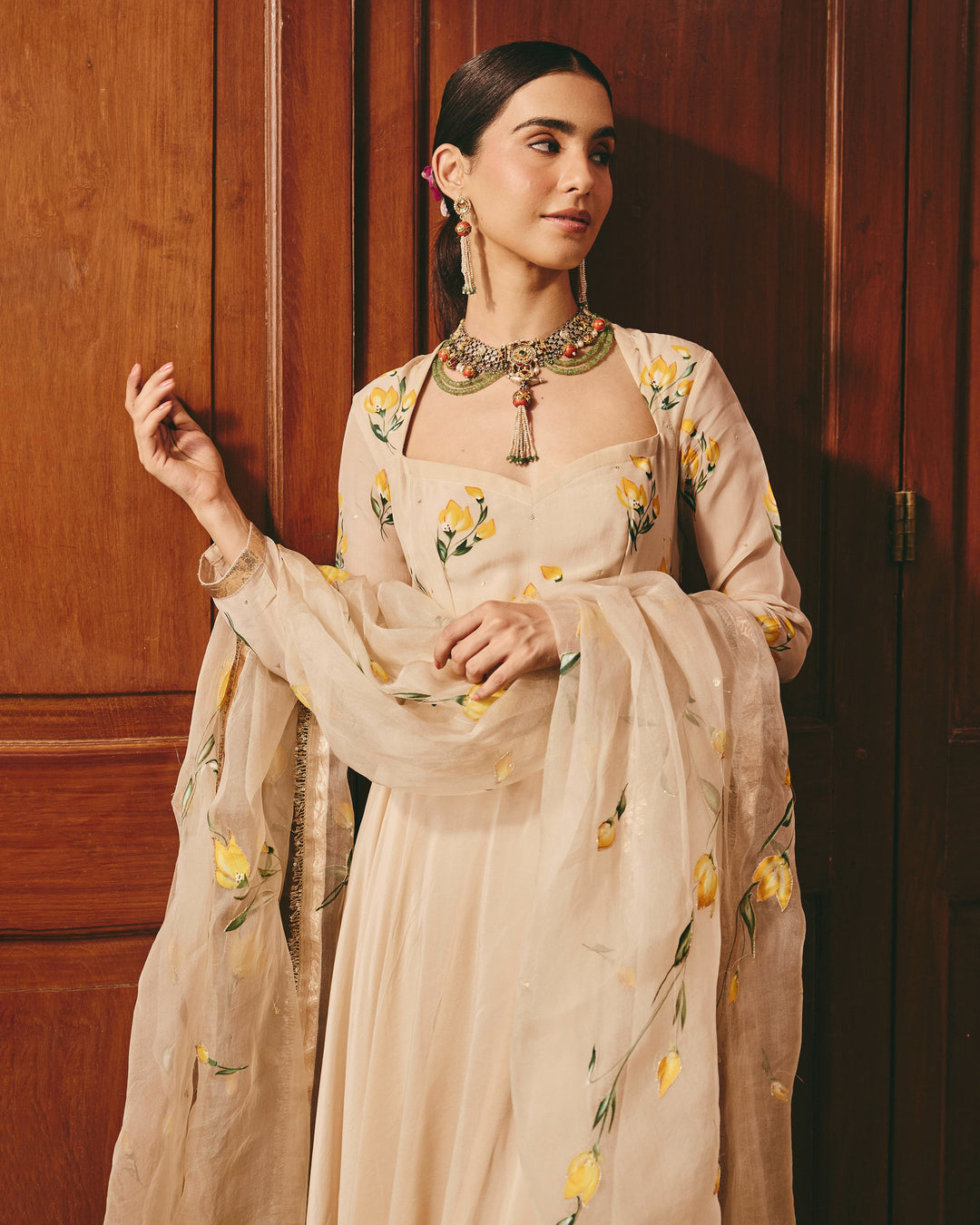 Ayzel Beige Handpainted Viscose Organza Suit Set