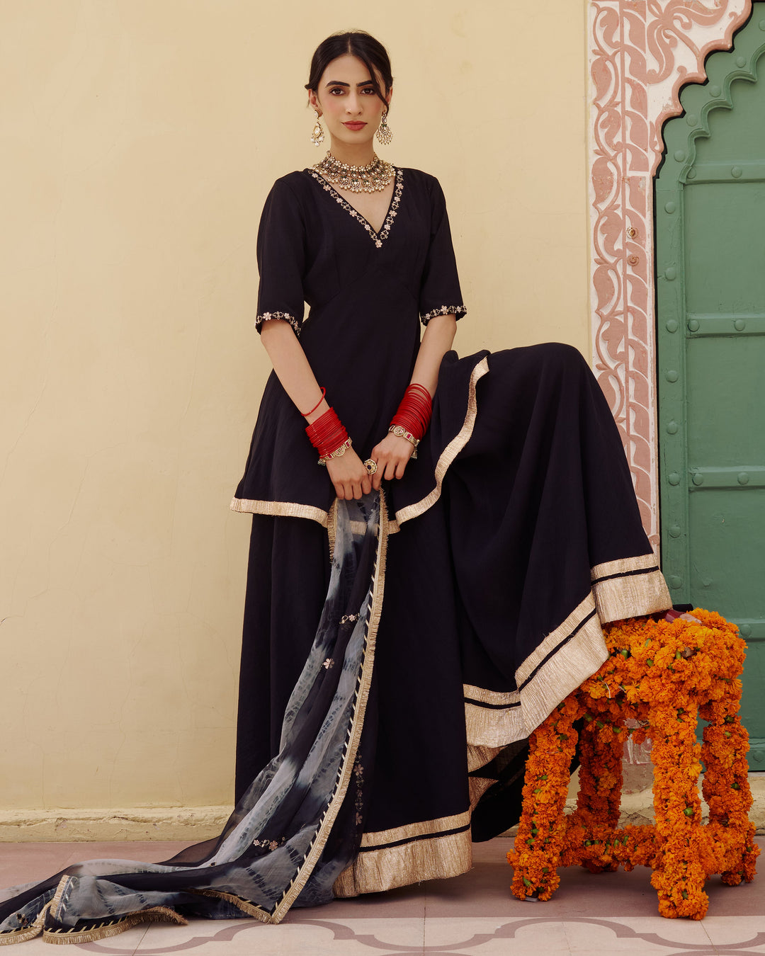 Indu Black Embroidered Chanderi Suit Set