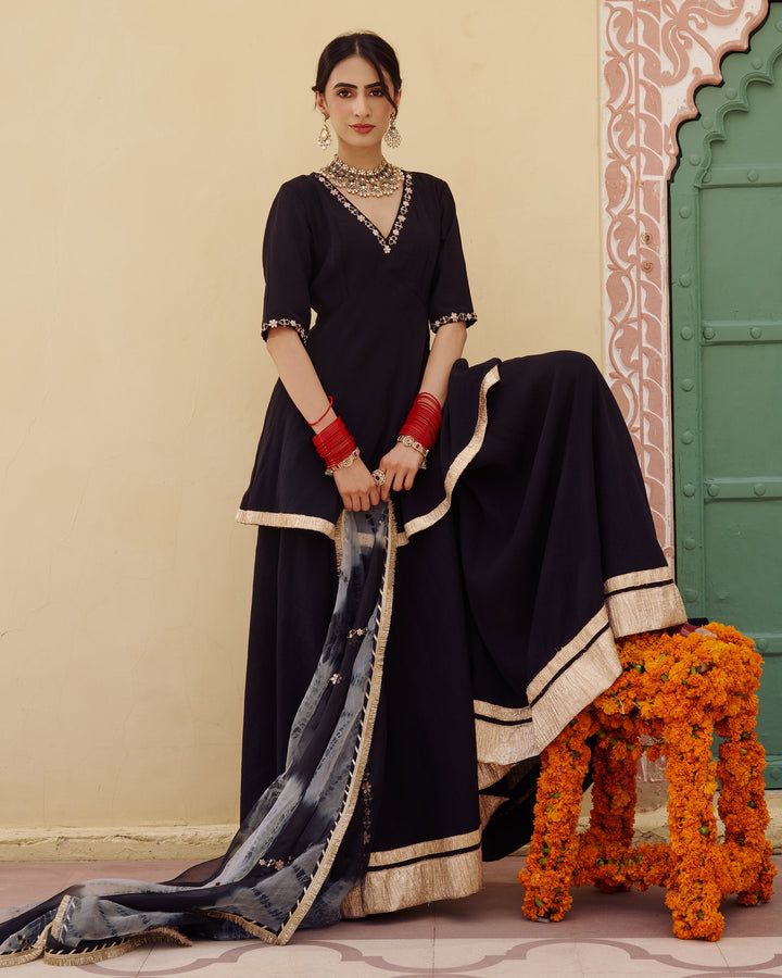 Indu Black Embroidered Chanderi Suit Set