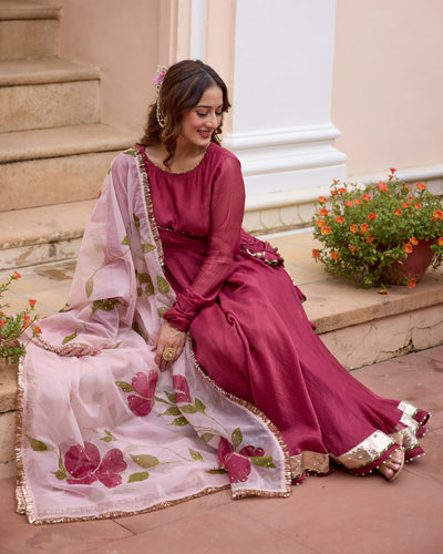 Gulmohar Wine Handpainted Chanderi Suit Set