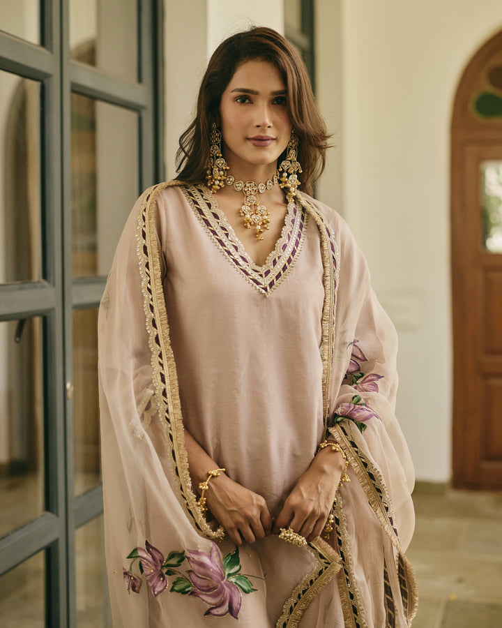 Chitvani Beige Handpainted Chanderi Suit Set