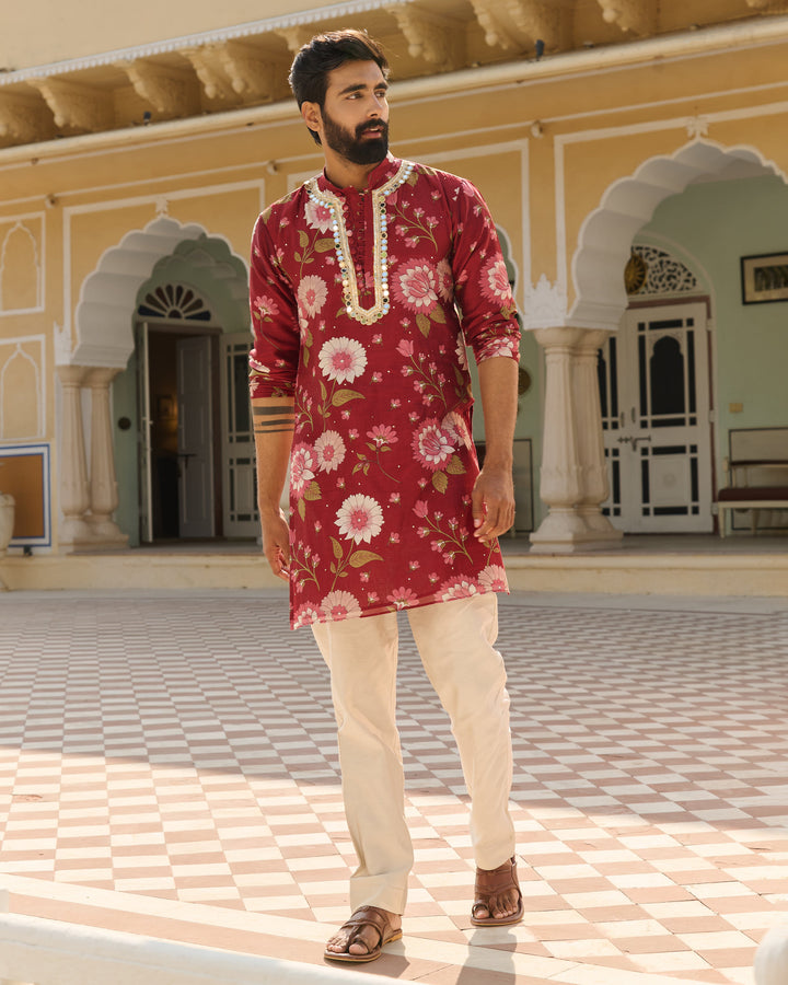 Dev Maroon Printed Chanderi Kurta