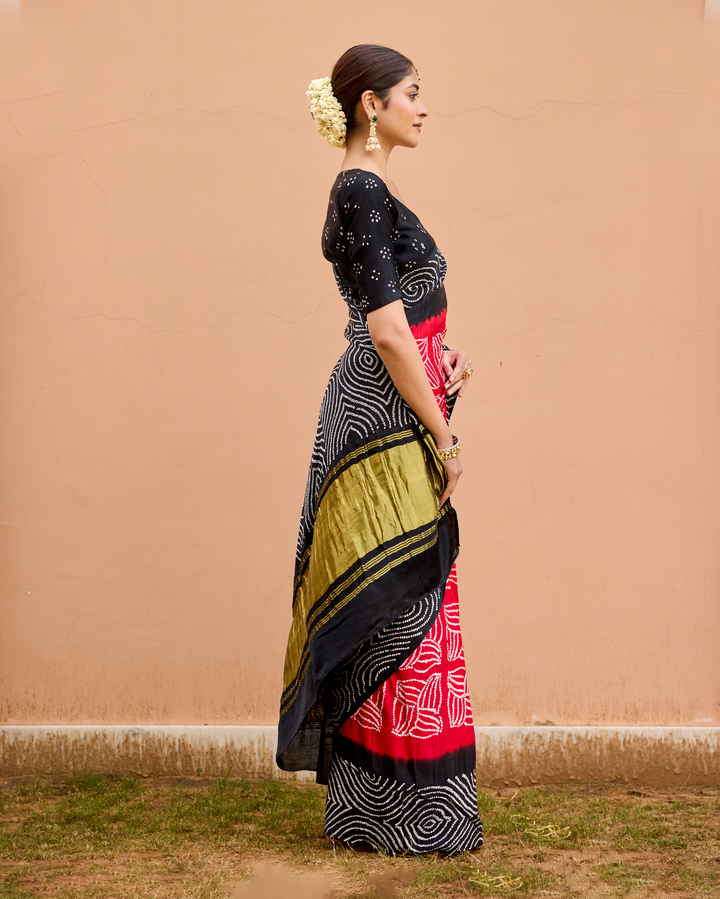 Rate Black Gajji Silk Bandhej Saree