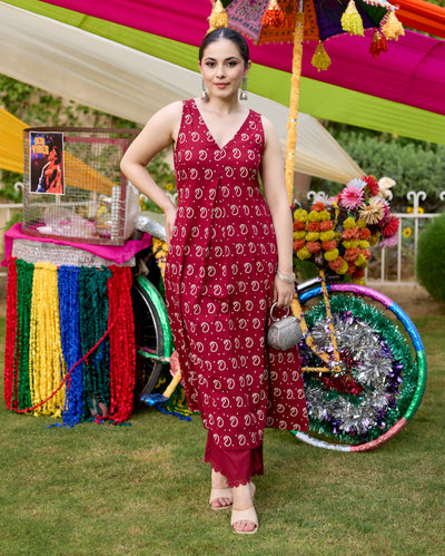 Gulaal Maroon Bandhani Cotton Kurta Set