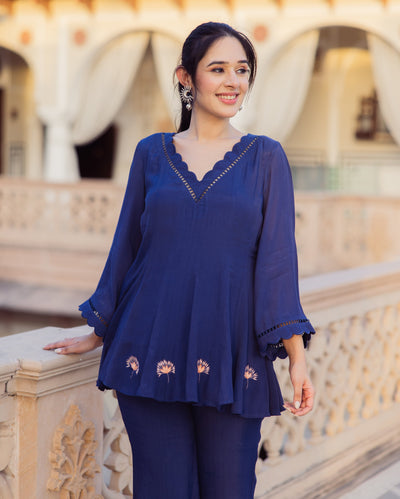 Yash Blue Embroidered Muslin Coord Set