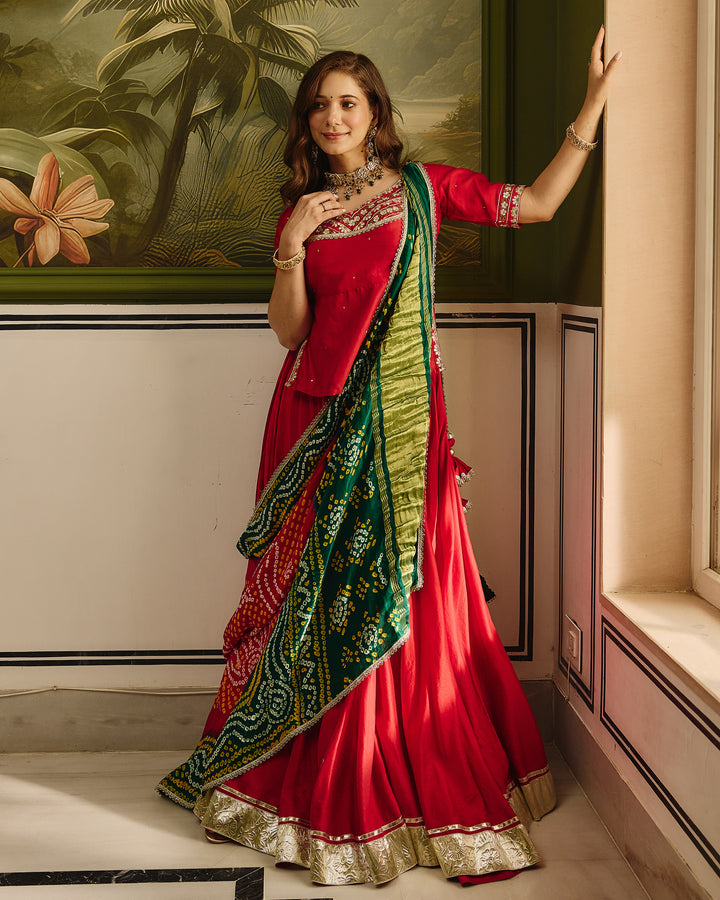 Anuroop Red Embroidered Chanderi Lehenga Set