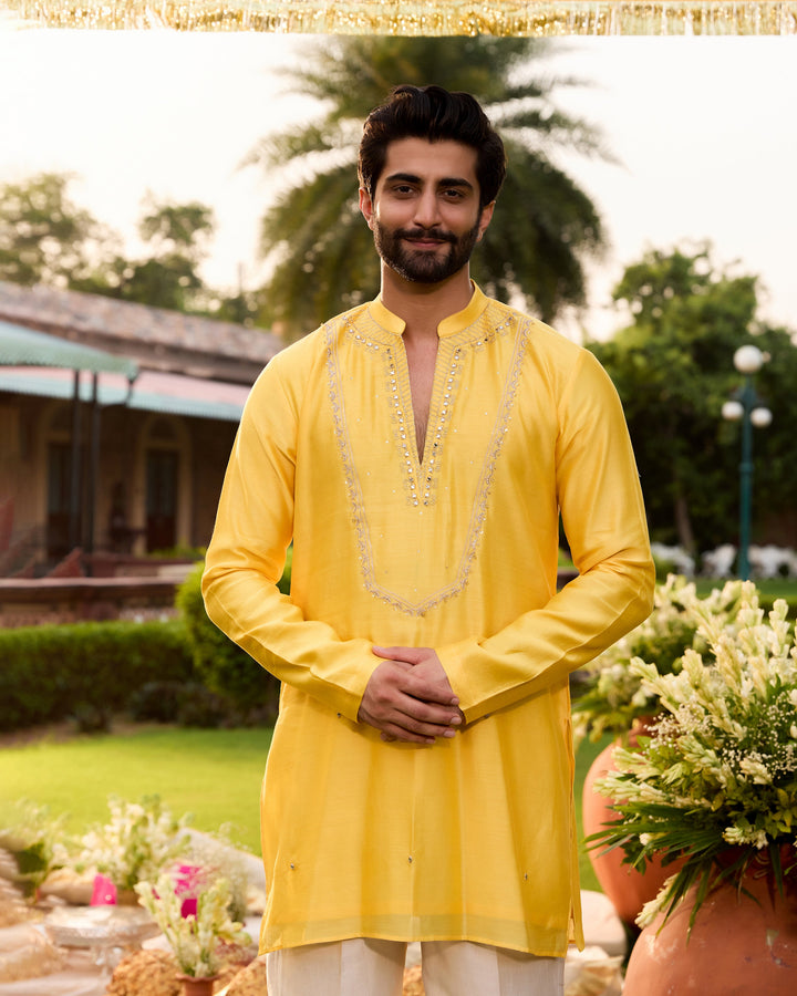 Kuber Yellow Chanderi Embroidered Kurta